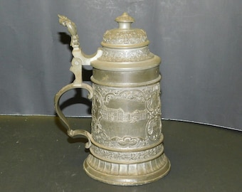 c1900-10 Bavarian Pewter German Stein Tankard w/ Wurzburg Germany Scenes in Relief ~ Faces on Lid & Intricate Floral Bands Lidded Beer Mug