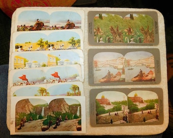 Vintage Colored STEREOVIEW Stereograph Card Lot ~ Italian Sailors , Turkish Imperial Guard, Palestine Germany Italy Scenes stereoscope