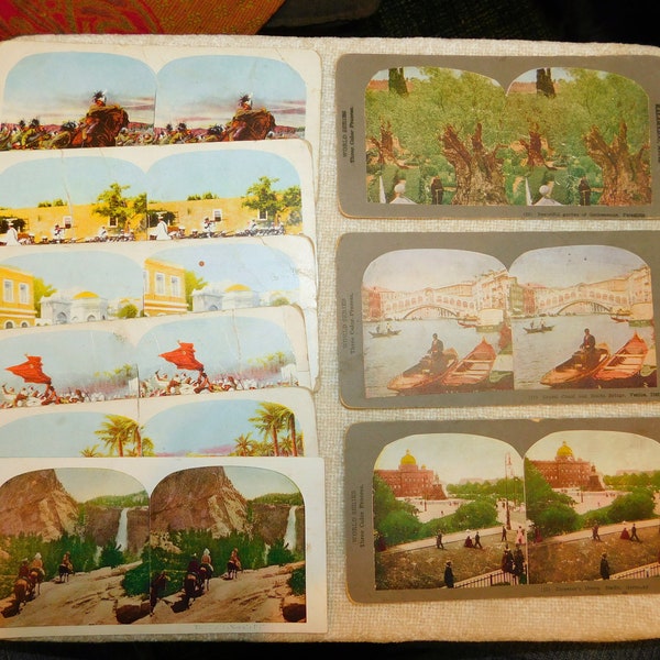 Vintage Colored STEREOVIEW Stereograph Card Lot ~ Italian Sailors , Turkish Imperial Guard, Palestine Germany Italy Scenes stereoscope