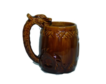 Chinese Browns Drip Glaze DRAGON Mug ~ Ceramic Cup w/ LOONG Serpent Handle