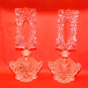 2 Vintage Large Ornate Glass or Crystal Perfume Bottle - 1930&#39;s glass Scent decanter w/ Huge stopper Art Deco