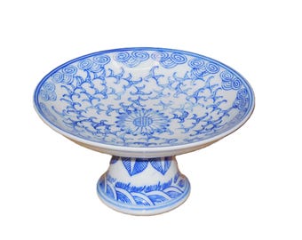 Hand Painted Chinese Blue White Pedestal Serving Dish w/ Bats (8x4")