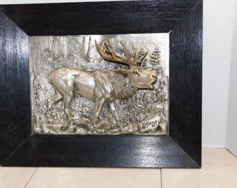 Vintage Oskar Pflug 3D Metal Bull Elk Sculpture: Wildlife Art Wall Hanging Rustic Mountain Decor