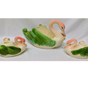 Vintage Royal Sealy Pink Swan Bowl & Candle Holder Set: MCM Floral Centerpiece