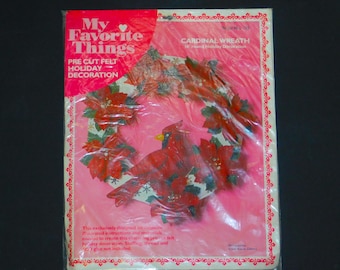 Felt Christmas Holiday Door Decoration ~ 16" WREATH KIT - White w/Cardinal Poinsettias Sealed