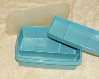 Vintage Tupperware Blue Bowl w/ ~Lid Stow-N-Go Sewing Craft Cash Lunch Box Organizer 767, 768 &  769 Storage Box