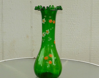 Green Blown Glass Vase w/ Pontil, Fluted 14" Hand Decorated w/ Fruit & Flowers