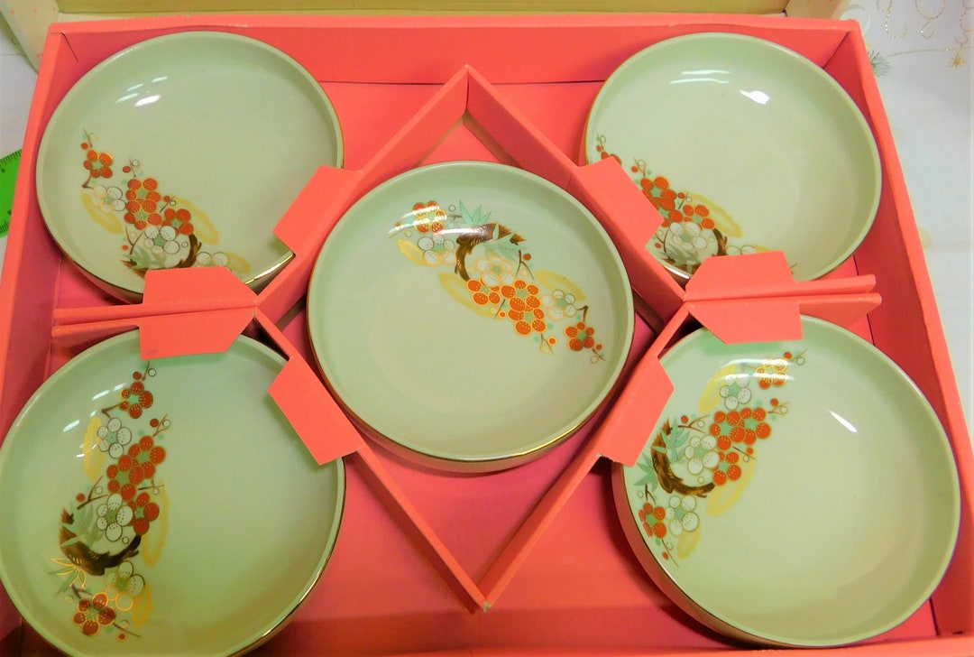 Boxed Set 5 Japanese Rice Bowls 1930's Souvenir Tokyo Japan Hand Painted CLOISONNE LOOK Orange