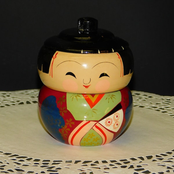 Rare Miniature Asian Lacquer Kokeshi Doll Bowls / Storage Jar ~ Child's dish Mini Bowl Stacking Canister doll Bento Box Japanese Lacquerware