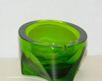 Vintage Green Viking Glass MCM Orb Ashtray - Space Age, Tripod Base Heavy Retro