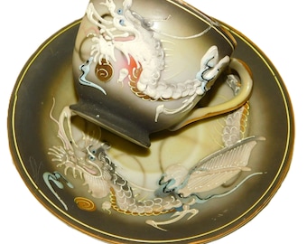Vintage Betson Black Moriage Dragon-ware Bone China Demitasse Teacup Saucer