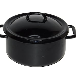May include: Black enamel pot with a lid and two handles. The pot is round and has a smooth surface.