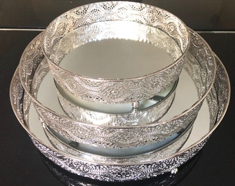 Mirror Glass Crystal Decorative Vintage Silver Metal Plate Drinks Display Tray