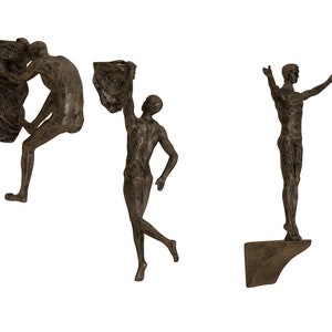 Large x3 Bronze Rock Climbers Set of 3 Figurines Wall Climbing Men Sculpture Poly-Resin Statue Trio Ornament Figurines Wall Hanging