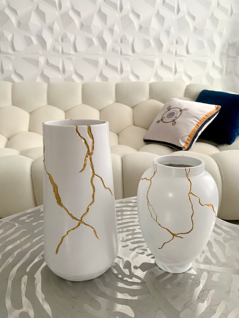 Vase Inspired by Kintsugi Japanese Art Gold & White Flowervase For Dried Flowers Decoration image 7