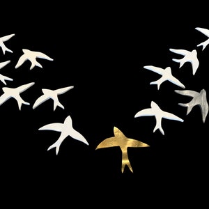 Sky Is The Limit - Flock of Birds White Silver Gold Modern Sculpture Suitable For Indoor Outdoor Bathrooms Wall Hanging