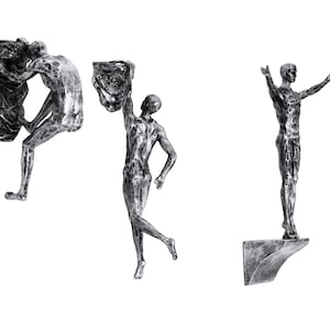 Large x3 Antique-Silver Rock Climbers Set of 3 Figurines Wall Climbing Men Sculpture Poly-Resin Statue Trio Ornament Figurines Wall Hanging