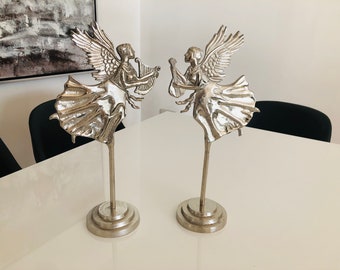 Two piece set of Angels on stands Sculptures Silver Aluminium Metal Sculptures Silver Centrepiece Pair of Angels