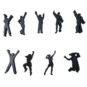 May include: Eight black silhouettes of people in various poses, all with their arms raised in the air. The figures are arranged in two rows of four, with the top row slightly higher than the bottom row.