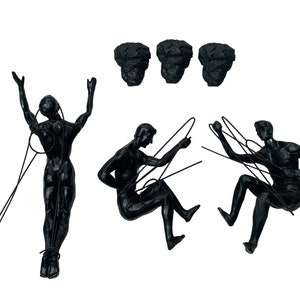 Grandes x3 Hombres trepadores con tapas de clavos Color bronce Rappel Colgando de adornos de alambre Figuras Estatuas para colgar en la pared Escaladores de roca Arte de la pared Negro