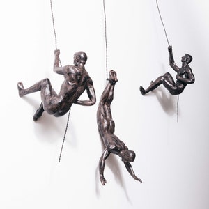 Large x3 Climbing Men With Nail Caps Bronze Colour Abseiling Hanging on Wire Ornaments Figurines Wall Hanging Statues Rock Climbers Wall Art