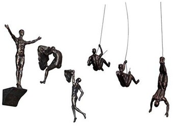 Large x6 Bronze Figurines - Set of 3 Rock Climbers Figurines and 3 Wall Climbing Men Sculptures Poly-Resin Statue Ornament Wall Hanging