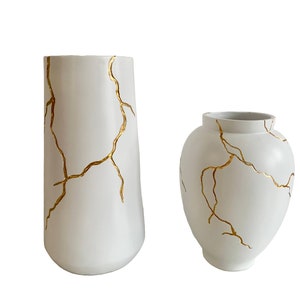 Vase Inspired by Kintsugi Japanese Art Gold & White Flowervase For Dried Flowers Decoration image 2