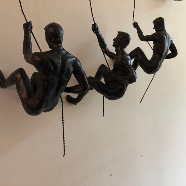 Large x3 Bronze Climbing Abseiling Hanging on Wire Ornaments Figures Set of 3 Figurines Wall Hanging Statues Rock Climbers Wall Art