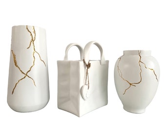 Jarrón inspirado en el arte japonés Kintsugi, florero dorado y blanco para decoración de flores secas