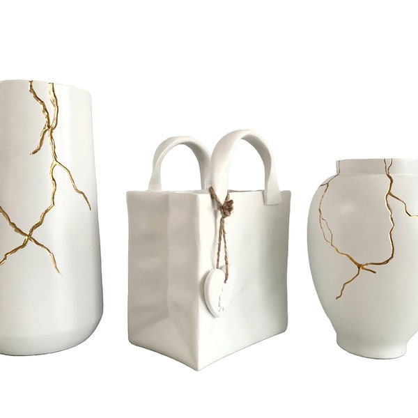 Vase inspiré de l'art japonais Kintsugi Vase de fleurs doré et blanc pour décoration de fleurs séchées