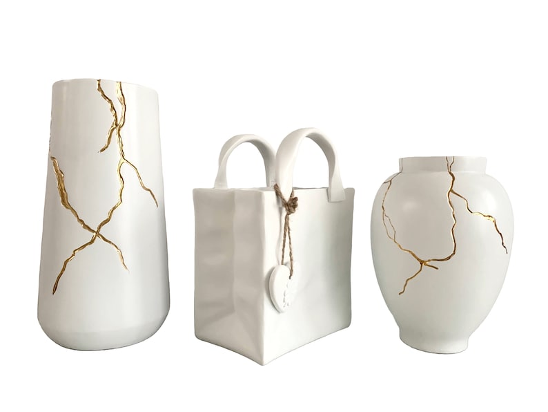 Vase Inspired by Kintsugi Japanese Art Gold & White Flowervase For Dried Flowers Decoration image 1