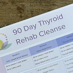 May include: A white printed paper titled "90 Day Thyroid Rehab Cleanse" with a floral logo. The paper has a table with daily detox instructions, including lemon/lime water and celery juice. The paper is on a wooden surface.