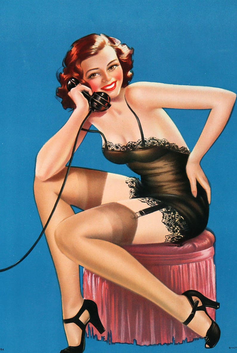 Vintage 1940s Original Large Pin Up Girl Art Print