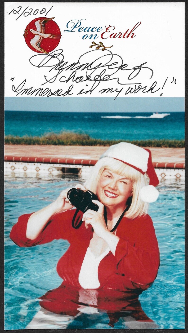 Hand Signed Pin Up Photographer Bunny Yeager Autographed Self Portrait Naughty Santas Helper In Swimming Pool Christmas Card Photograph - 