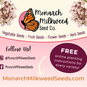 May include: A pink and white graphic with a monarch butterfly and the text "Monarch Milkweed Seed Co."  The graphic also includes the text "Vegetable Seeds - Fruit Seeds - Flower Seeds - Herb Seeds" and "Follow Us!" with social media icons for Instagram and Facebook. The graphic also includes the text "FREE online planting instructions for every variety!" and "MonarchMilkweedSeeds.com".