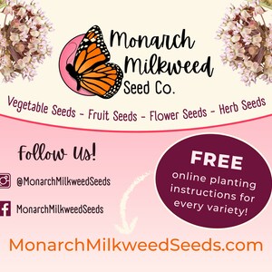 May include: A pink and white graphic with a monarch butterfly and the text "Monarch Milkweed Seed Co."  The graphic also includes the text "Vegetable Seeds - Fruit Seeds - Flower Seeds - Herb Seeds" and "Follow Us!" with social media icons for Instagram and Facebook. The graphic also includes the text "FREE online planting instructions for every variety!" and "MonarchMilkweedSeeds.com".