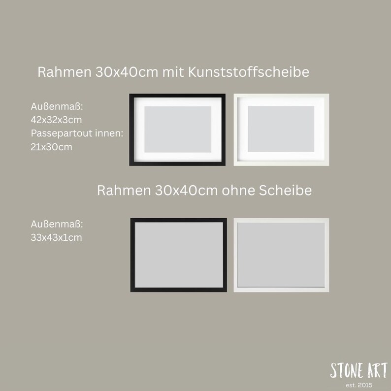 May include: Four rectangular picture frames, two black and two white, are displayed against a neutral background. The frames are labeled with dimensions and text in German. The bottom frames measure 33x43x1cm.