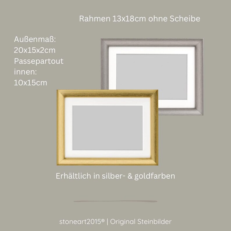 May include: Two rectangular picture frames, one gold and one silver, with white matting. The gold frame is in front of the silver frame. Text on the image includes dimensions and the availability in silver and gold colors.