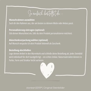 May include: A light gray graphic with white text and a white heart illustration. The text provides instructions on how to order a product, including selecting a frame, personalizing the item, choosing gift packaging, and completing the order.