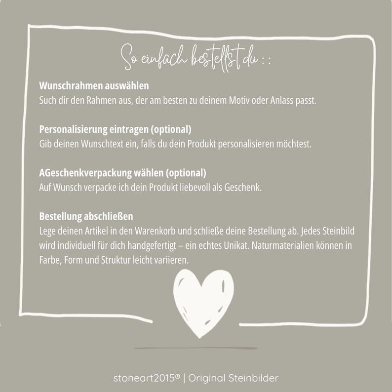 May include: A light gray graphic with white text and a white heart illustration. The text provides instructions on how to order a product, including selecting a frame, personalizing the item, choosing gift packaging, and completing the order.