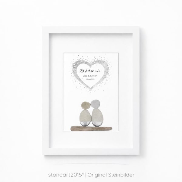 Steinbild zur Silberhochzeit – Geschenk zum 25. Hochzeitstag – 25 Jahre wir – personalisiert mit Namen & Datum – Kieselsteinbild
