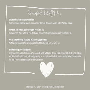 May include: A light gray graphic with white text and a white heart illustration. The text provides instructions on how to order a product, including selecting a frame, personalizing the item, choosing gift packaging, and completing the order.