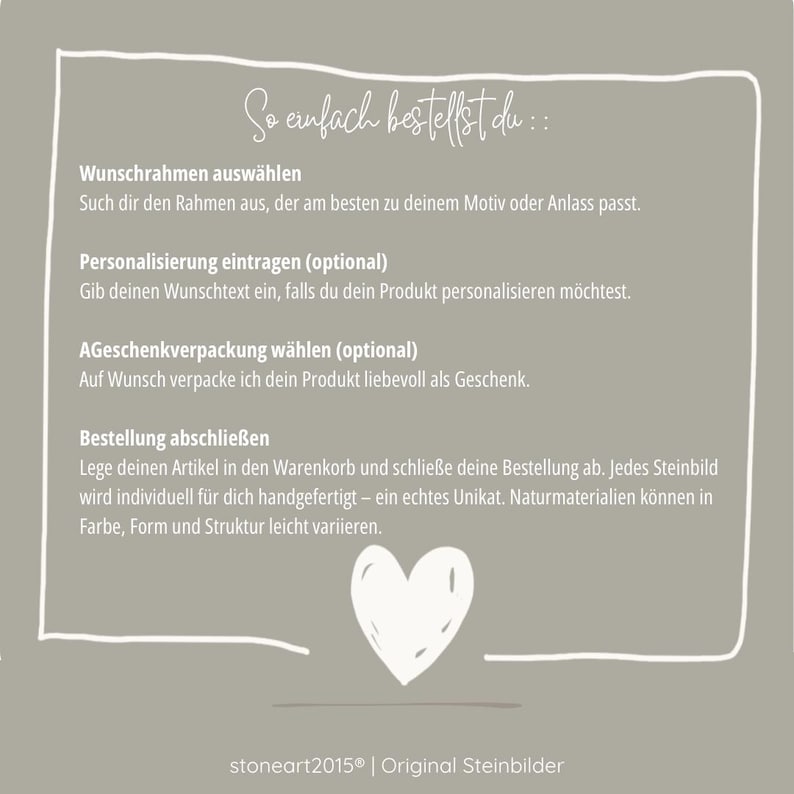 May include: A light gray graphic with white text and a white heart illustration. The text provides instructions on how to order a product, including selecting a frame, personalizing the item, choosing gift packaging, and completing the order.