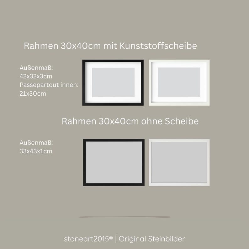May include: A set of rectangular picture frames in black and white. The text indicates frame options of 30x40cm with a synthetic sheet, outer dimensions of 42x32x3cm, inner mat of 21x30cm, and 30x40cm frames without a sheet, outer dimensions of 33x43x1cm.