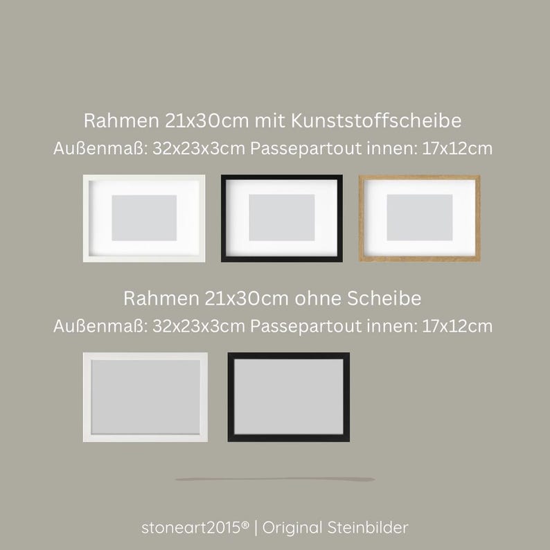 May include: A collection of framed art prints in various colors, including white, black, and natural wood. The frames are rectangular, with and without a mat, and the text on the image reads "Rahmen 21x30cm" and "stoneart2015&reg;".