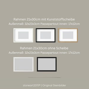 May include: Five rectangular picture frames in white, black, and light wood finishes. The top row includes frames with synthetic glass and mats. The bottom row shows frames without glass. Text indicates dimensions of 21x30cm, 32x23x3cm, and 17x12cm.