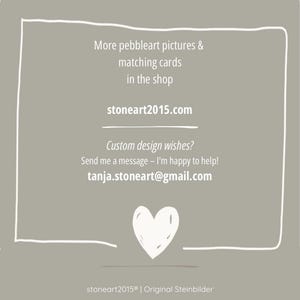 May include: A light gray background with white handwritten text and a white heart illustration. The text includes the website stoneart2015.com and an email address. The text promotes pebble art pictures and matching cards.