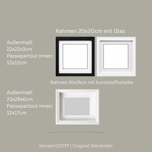 May include: Three square picture frames in black and white, with varying dimensions. The frames are labeled with measurements in centimeters, including 22x22x3cm and 23x28x6cm. Text on the image includes "Rahmen" and "stoneart2015&reg; | Original Steinbilder."