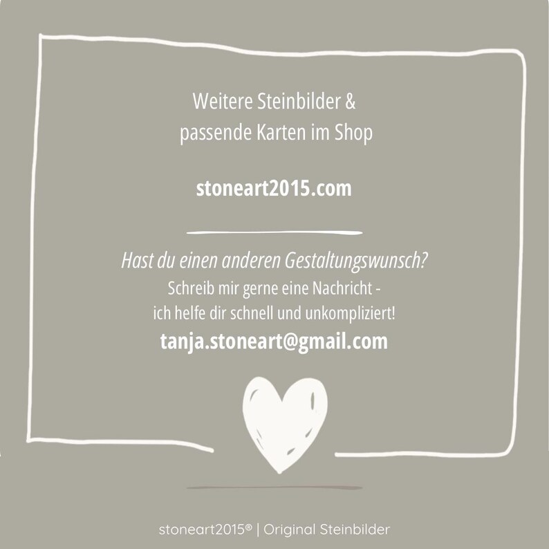 May include: A gray card with white handwritten text and a white heart illustration. The text includes a website address, an email address, and a call to action for custom designs. The card is framed with a white border.