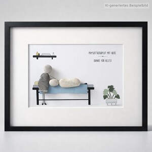 May include: A framed pebble art piece depicting a person performing physical therapy on a patient lying on a blue table. The artwork includes a shelf with bottles, a potted plant, and the text: PHYSIOTHERAPEUT MIT HERZ DANKE F&Uuml;R ALLES!